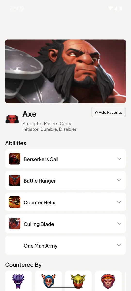 Hero detail screen with stats and abilities