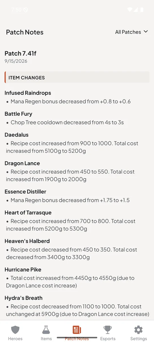 Patch notes screen listing item changes